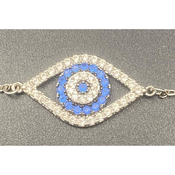 Sterling Silver Evil Eye Bracelet 925 Blue CZ Adjustable 7-8" Protection Dainty - Picture 2 of 10